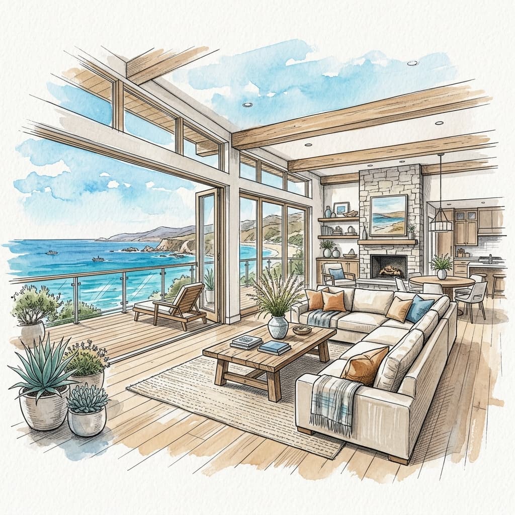 Watercolor illustration of a high-performance coastal living room with floor-to-ceiling windows opening to the ocean.