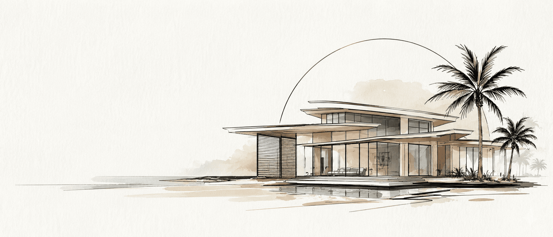Architectural Tropical Tides house mark stretched across a calm coastal landscape composition.