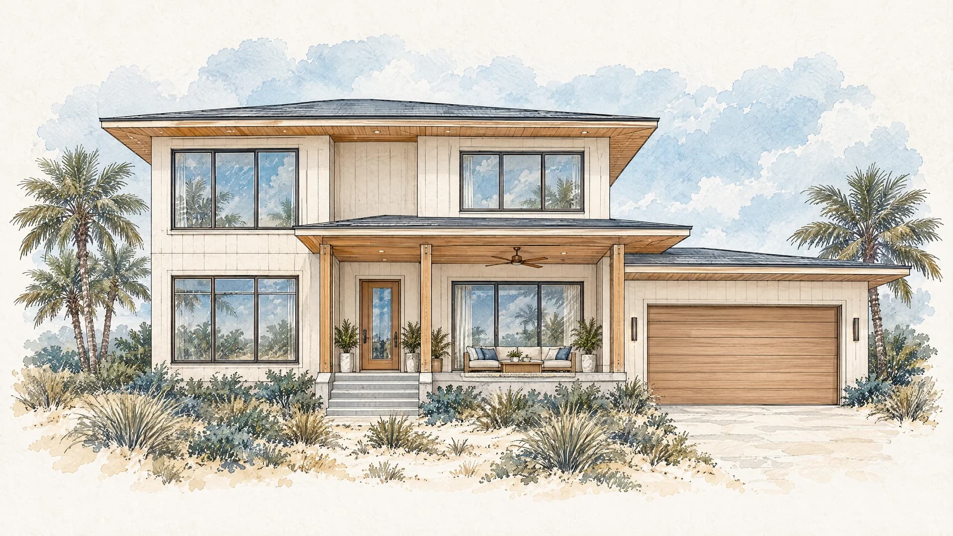 Watercolor drawing of a two-story coastal house with a covered front porch, large windows, a glass entry door and a wide garage door.