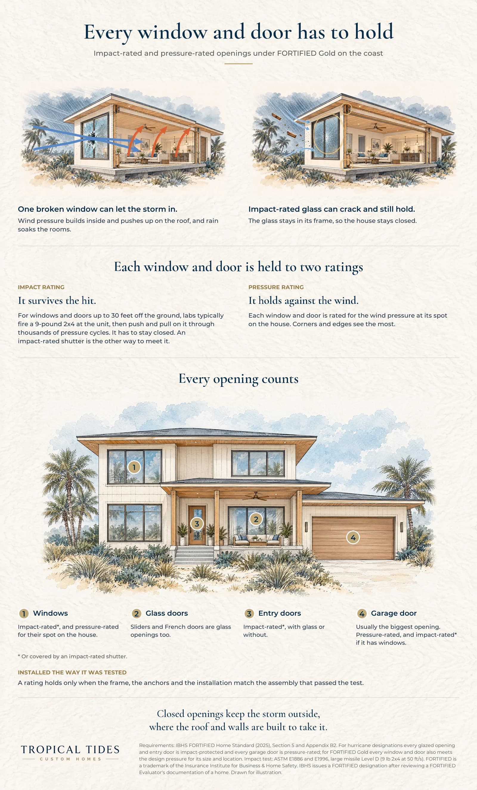 Illustrated guide to windows and doors in a storm: a broken window letting wind lift the roof beside an impact-rated window that held, the impact and pressure ratings, and a house elevation numbering the windows, glass doors, entry door and garage door.