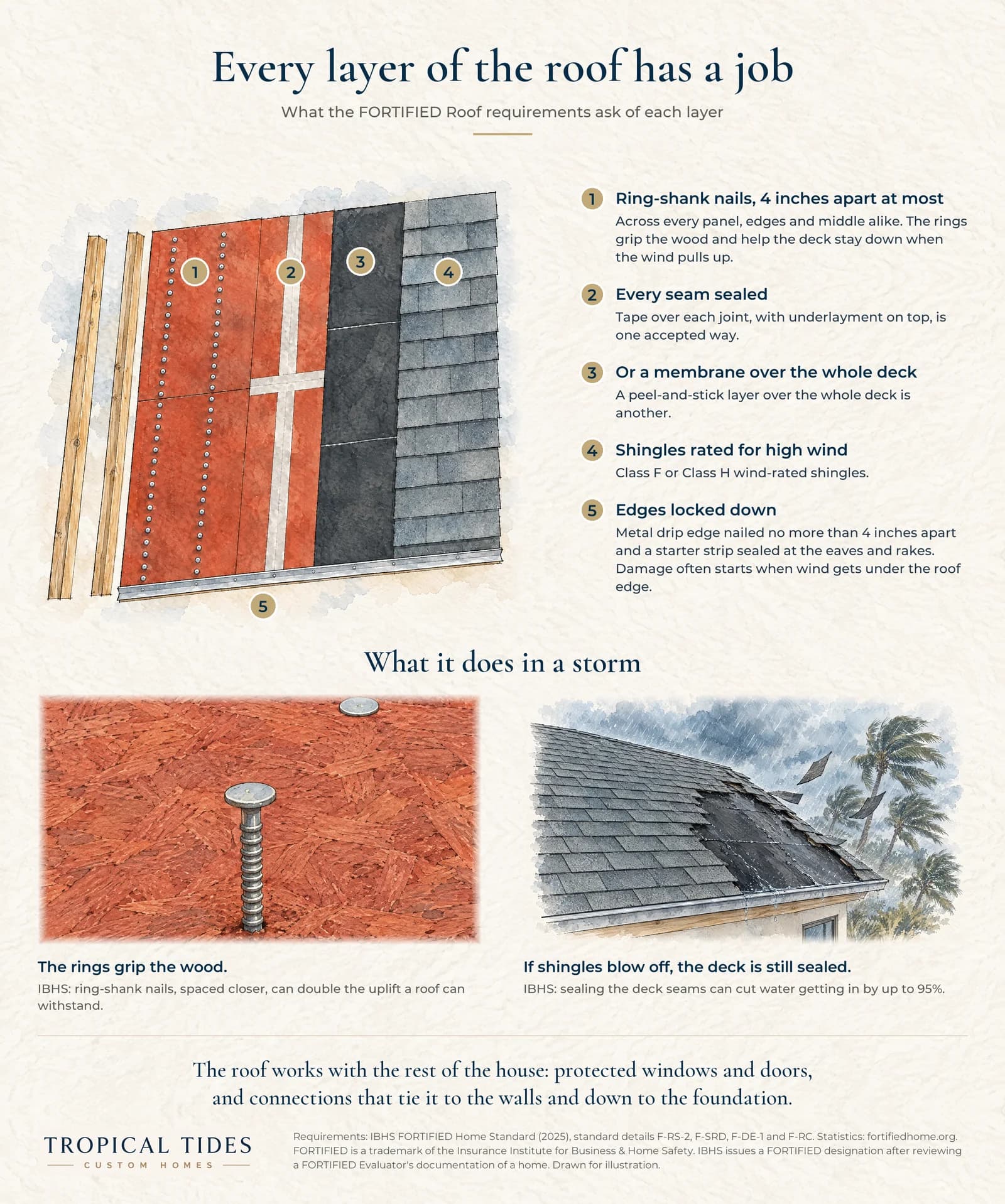 Illustrated roof cutaway numbering five layers: ring-shank nails at most 4 inches apart, sealed seams, a membrane over the whole deck, wind-rated shingles and a locked-down edge, with close-ups of a ring-shank nail and a sealed deck showing where shingles blew off.