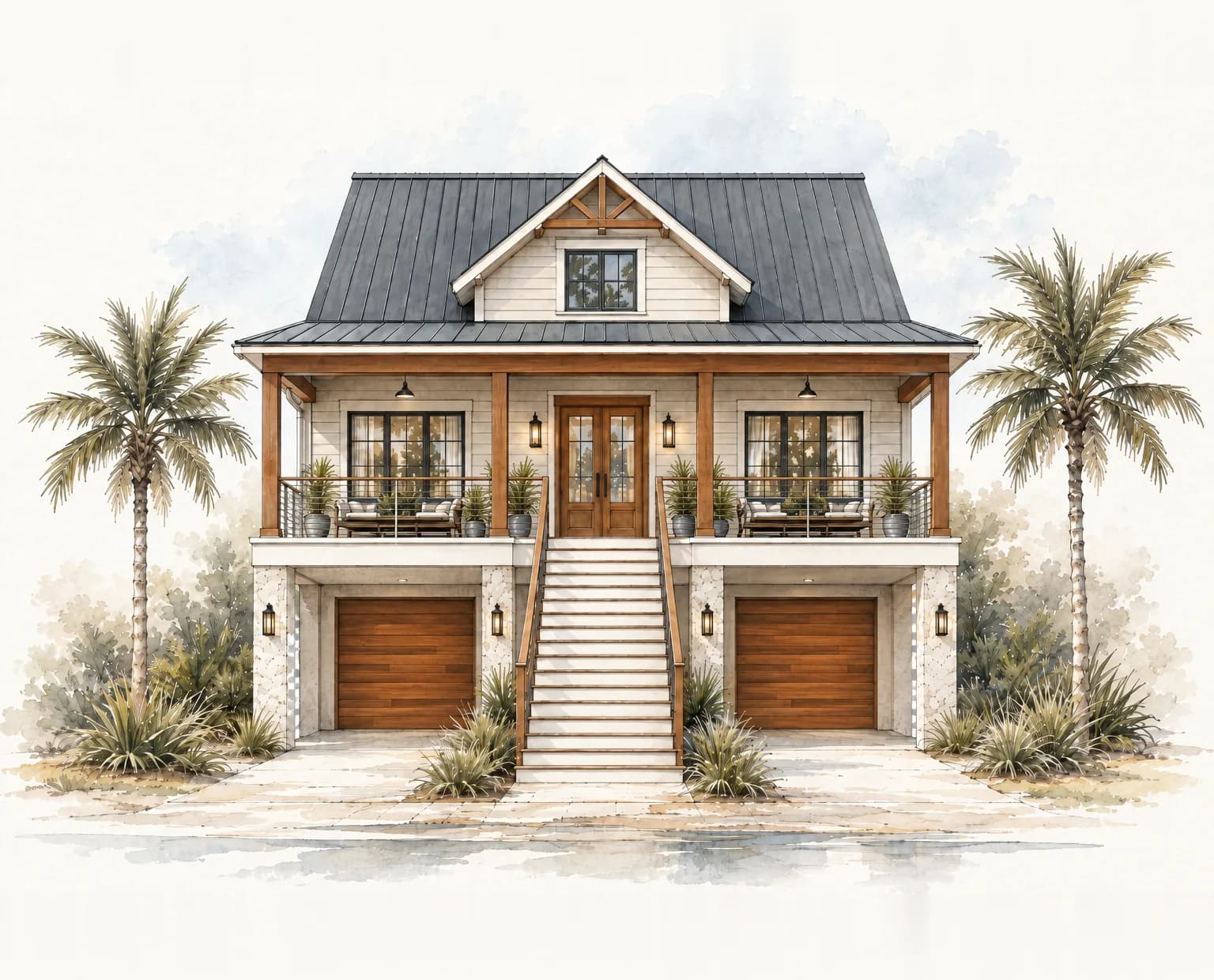 Watercolour rendering of a raised coastal home: a dark standing-seam metal roof with a gabled dormer, lap siding, a deep covered porch with timber posts and cable railing above a stone-clad ground floor with two timber garage doors, reached by a central stair and framed by palms.