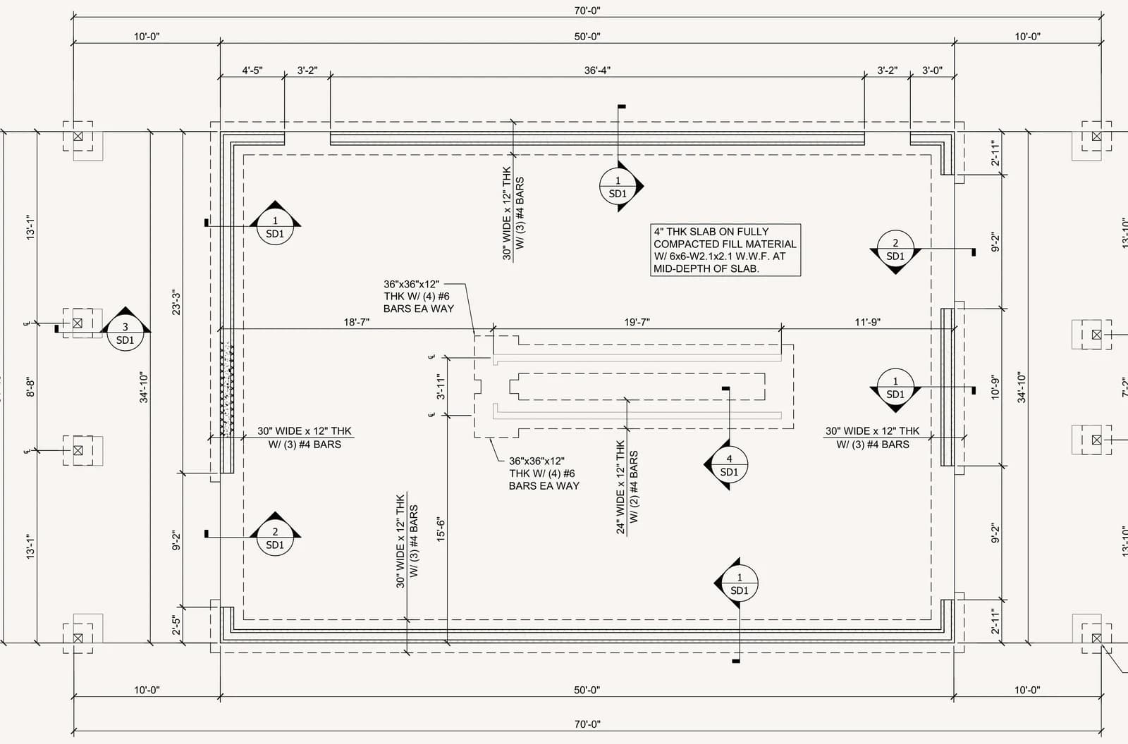 Foundation plan showing continuous footings under the concrete walls, an interior continuous footing, two interior pad footings and the porch post footings, with dimensions.