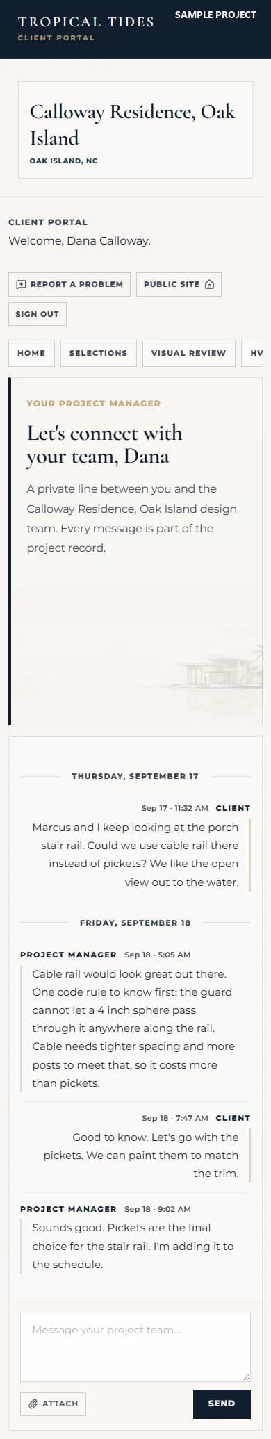 Sample client portal screen: a message thread with the project manager. The client asks about cable rail for the porch stair, the project manager explains that a 4 inch sphere must not pass through the rail and that pickets cost less, the client picks pickets, and the project manager marks pickets as the final call.