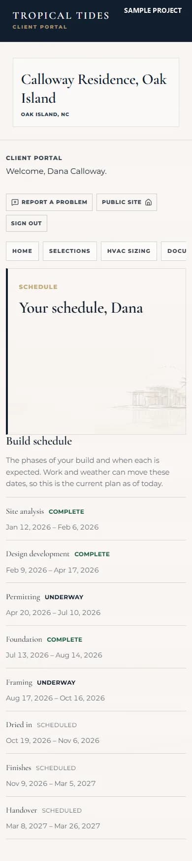 Sample client portal screen: the build schedule for the Calloway Residence, eight phases with their dates. Site analysis, design development and foundation are complete, permitting and framing are underway, and dried in, finishes and handover are scheduled through March 2027.